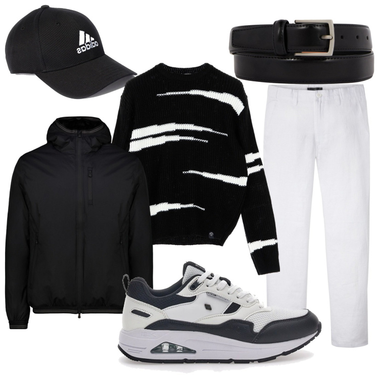 Outfit uomo - Black & White. Stile Business/Elegante per Ufficio. Abbinamento con pantaloni, maglieria, giacche, sneakers, cinture, cappelli con visiera.