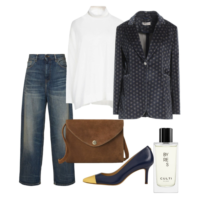 Outfit donna - Punte strategiche. Stile Chic per Ufficio. Abbinamento con maglieria, blazer, profumi, borse a tracolla, décolleté, jeans.