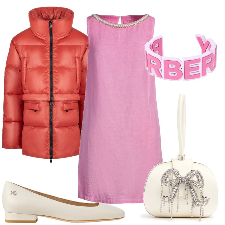 Outfit donna - Total look #2058895. Stile Bon Ton per Tutti i giorni. Abbinamento con vestiti corti, ballerine, piumini, braccialetti, pochette.
