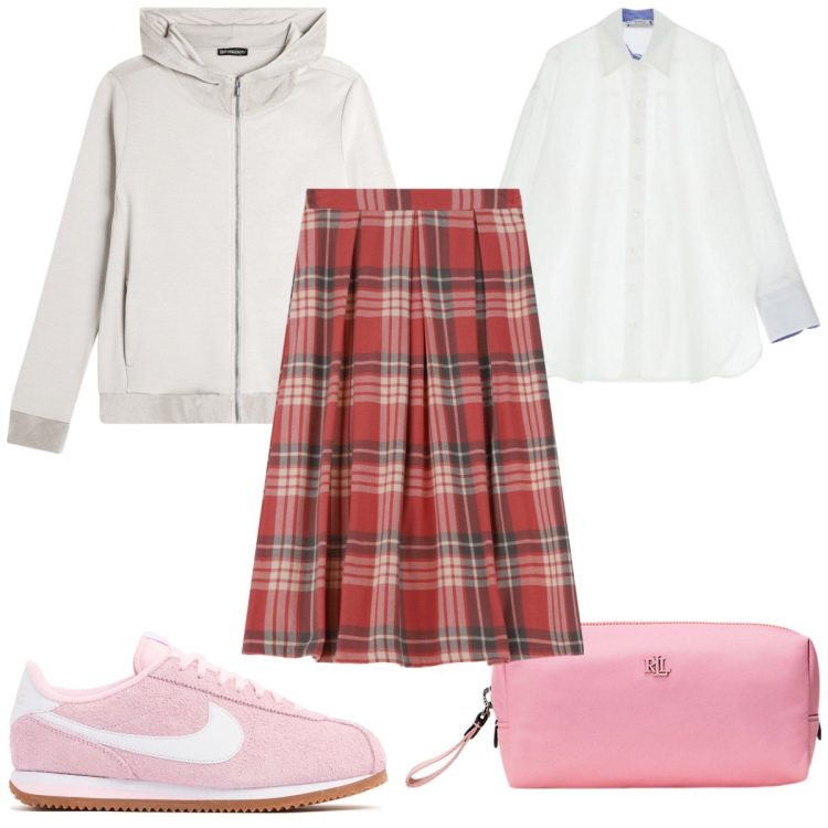 Outfit donna - Total look #2058900. Stile Sporty chic per Tutti i giorni. Abbinamento con camicie, felpe con cappuccio, gonne longuette, pochette, sneakers.