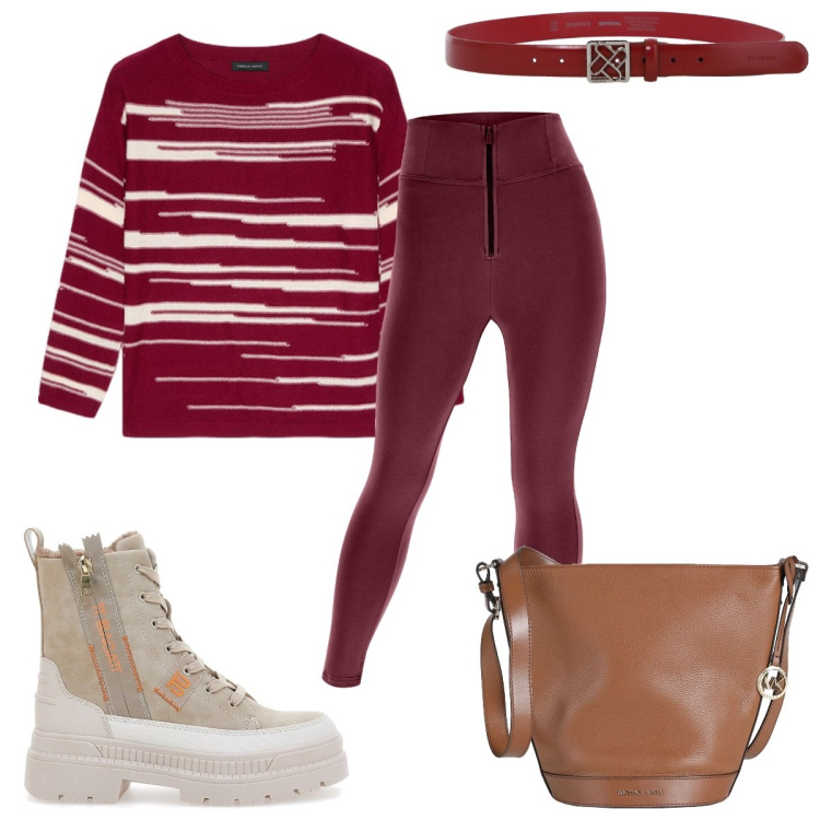 Outfit donna - Il potere del rosso: tutti i giorni. Stile Trendy per Tutti i giorni. Abbinamento con borse a spalla, cinture, pantaloni skinny, anfibi, maglieria.