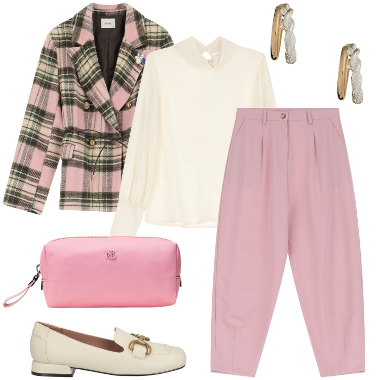 Outfit donna - Il blazer scozzese. Stile Romantica per Ufficio. Abbinamento con mocassini, pantaloni, blazer, camicie, orecchini, pochette.