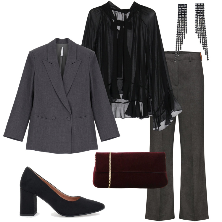 Outfit donna - Cena di lavoro. Stile Chic per Serata fuori. Abbinamento con blazer, camicie, pochette, orecchini, pantaloni, décolleté.