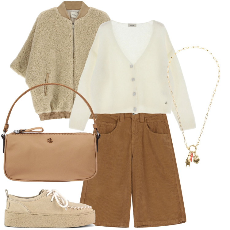 Outfit donna - Il blazer teddy. Stile Trendy per Tutti i giorni. Abbinamento con bermuda, cardigans, bomber, ciondoli, pochette, mocassini.