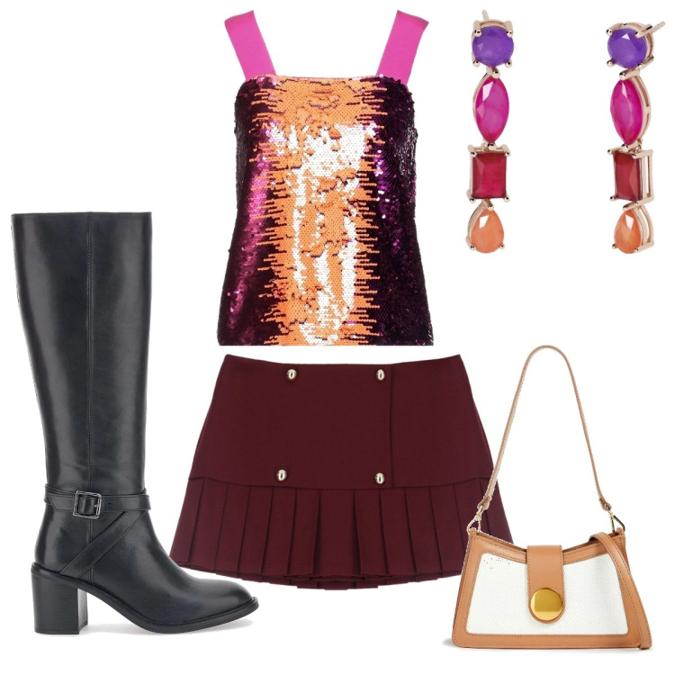 Outfit donna - Outfit colorati: il top per sabato sera. Stile Trendy per Serata fuori. Abbinamento con top, borse a spalla, orecchini, minigonne, stivali.