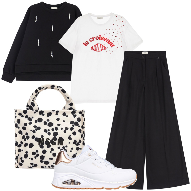 Outfit donna - Trendy style. Stile Trendy per Tutti i giorni. Abbinamento con pantaloni, felpe, t-shirt, sneakers, shopping bag.