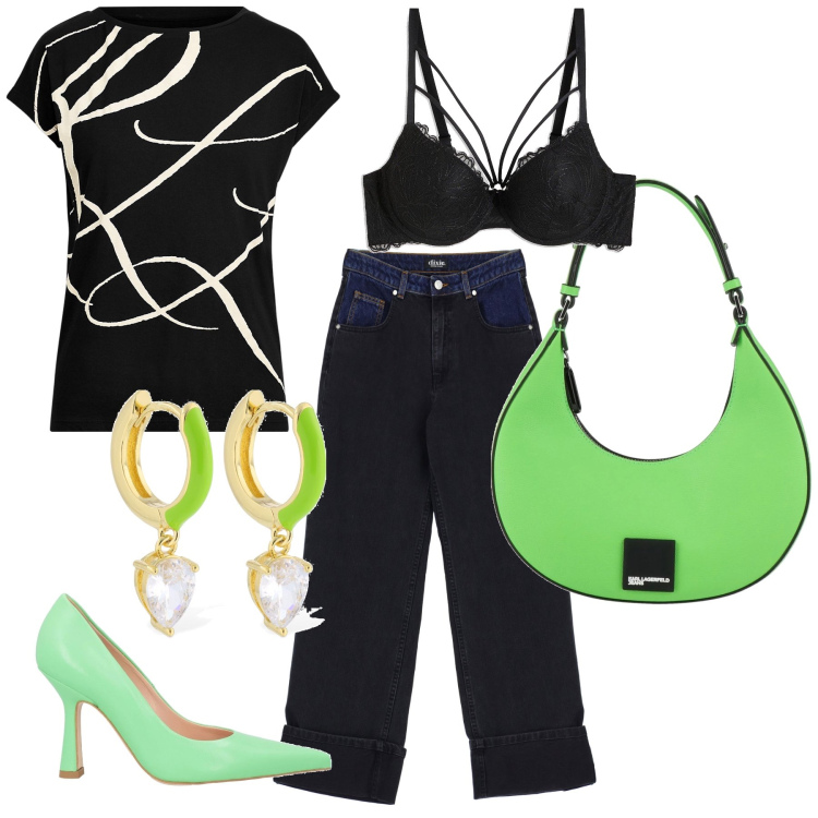Outfit donna - So glamour and chic. Stile Glamour per Serata fuori. Abbinamento con slip, décolleté, borse a mano, jeans, maglieria, orecchini.