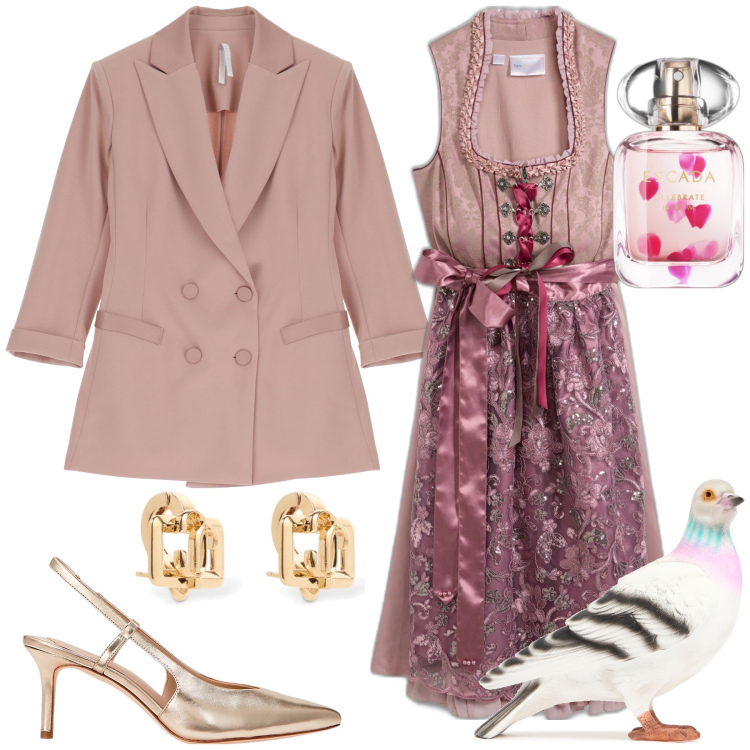 Outfit donna - Total look. Stile Trendy per Cerimonia. Abbinamento con vestiti, profumi, blazer, décolleté, pochette, orecchini.