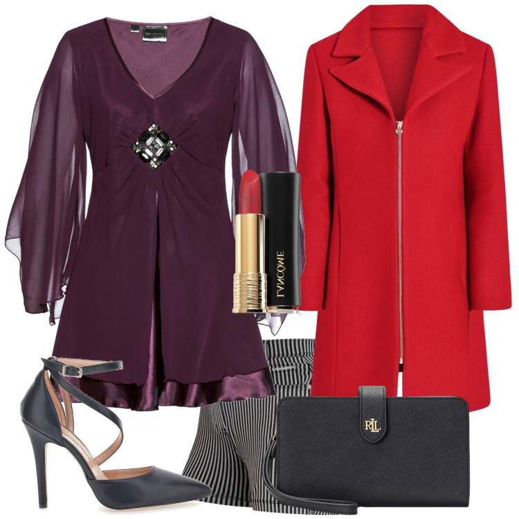 Outfit donna - Il cappotto rosso per la sera. Stile Chic per Serata fuori. Abbinamento con tuniche, rossetti, cappotti, shorts, pochette, décolleté.