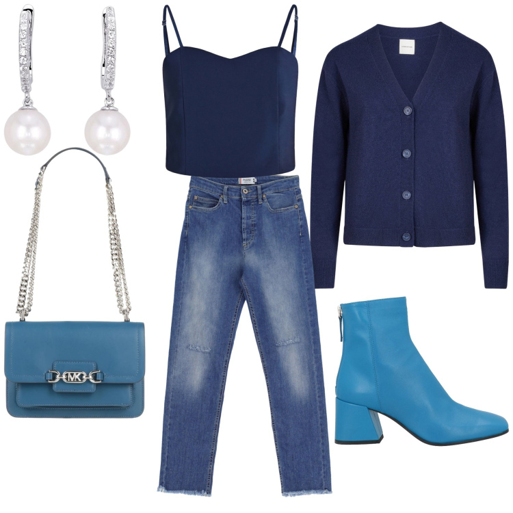 Outfit donna - Aperitivo a modo mio. Stile Trendy per Serata fuori. Abbinamento con stivaletti, borse a spalla, orecchini, top, jeans dritti, cardigans.