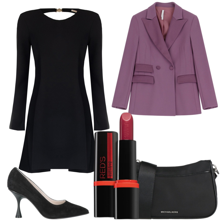 Outfit donna - Da mattino a sera. Stile Casual chic per Ufficio. Abbinamento con borse a tracolla, décolleté, rossetti, vestiti corti, blazer.