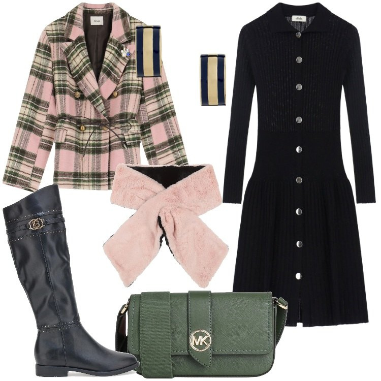 Outfit donna - L\'abito passpartout - @Laloba. Stile Trendy per Tutti i giorni. Abbinamento con borse a tracolla, sciarpe, vestiti midi/longuette, blazer, orecchini, stivali sopra il ginocchio.