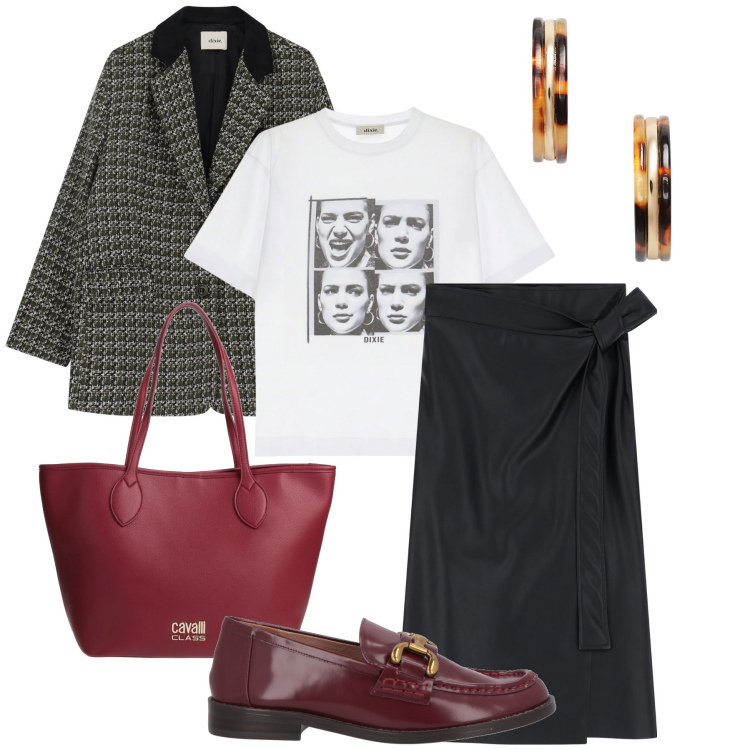 Outfit donna - Dettagli bordeaux. Stile Urban per Ufficio. Abbinamento con borse a spalla, mocassini, gonne, blazer, t-shirt, orecchini.