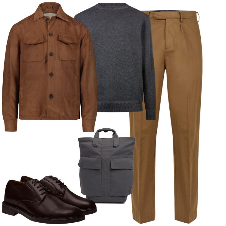 Outfit uomo - Al lavoro. Stile Urban per Tutti i giorni. Abbinamento con scarpe stringate, pantaloni, giacche, maglieria, borse sportive.