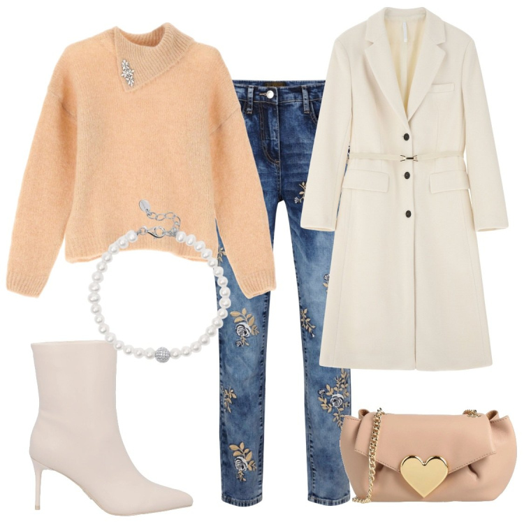 Outfit donna - Elegante in jeans. Stile Chic per Serata fuori. Abbinamento con jeans, borse a tracolla, stivaletti, braccialetti, cappotti, maglieria.