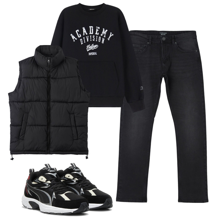 Outfit uomo - City. Stile Casual per Tutti i giorni. Abbinamento con piumini, jeans dritti, felpe, sneakers.