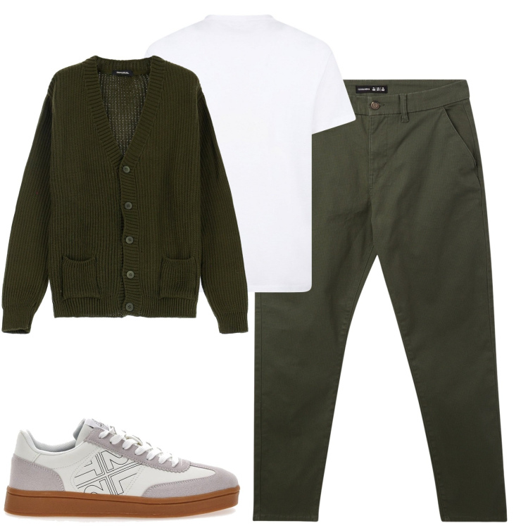 Outfit uomo - City. Stile Urban per Tutti i giorni. Abbinamento con pantaloni chino, cardigans, sneakers, t-shirt.