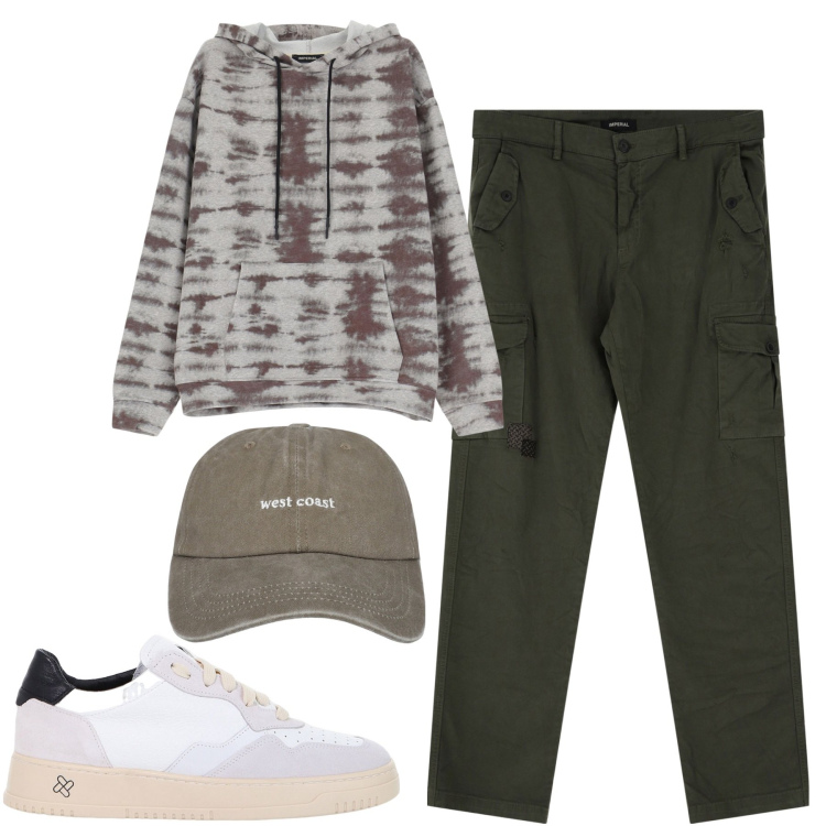 Outfit uomo - Febbraio. Stile Casual per Tutti i giorni. Abbinamento con cappelli, sneakers, felpe con cappuccio, pantaloni cargo.