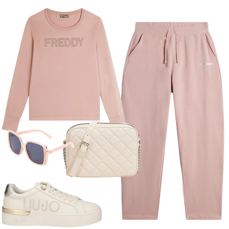 Outfit donna - Weekend. Stile Casual per Tutti i giorni. Abbinamento con sneakers, borse a tracolla, pantaloni, felpe, occhiali da sole.