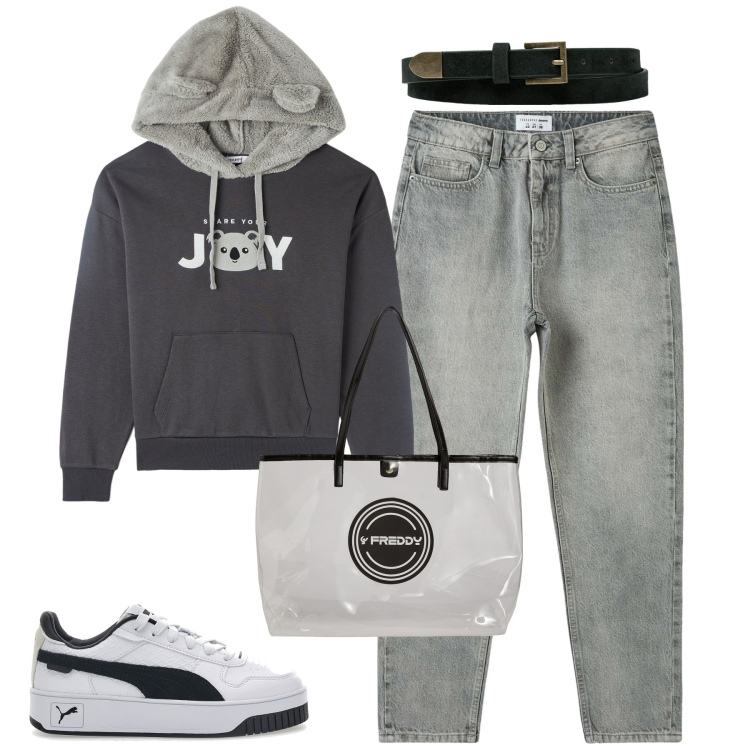 Outfit donna - Febbraio. Stile Casual per Tutti i giorni. Abbinamento con felpe con cappuccio, jeans mom, shopping bag, sneakers, cinture.
