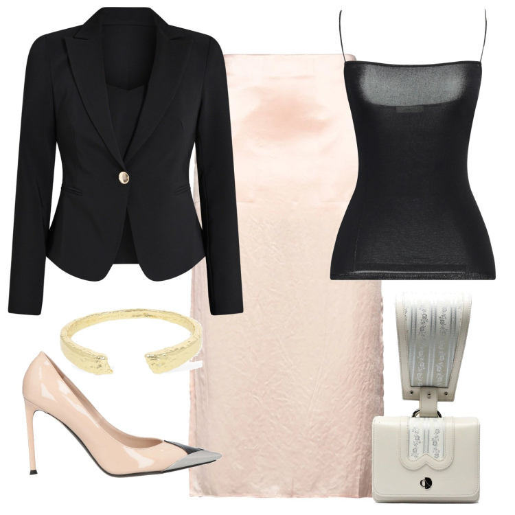 Outfit donna - Raffinata fra la seta. Stile Glamour per Serata fuori. Abbinamento con gonne longuette, top, décolleté, blazer, collane, borse a mano.