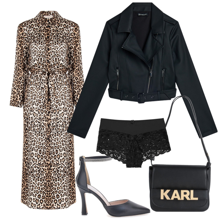 Outfit donna - Animalier a San Valentino. Stile Glamour per Serata fuori. Abbinamento con culotte, borse a mano, camicie, giacche, décolleté.