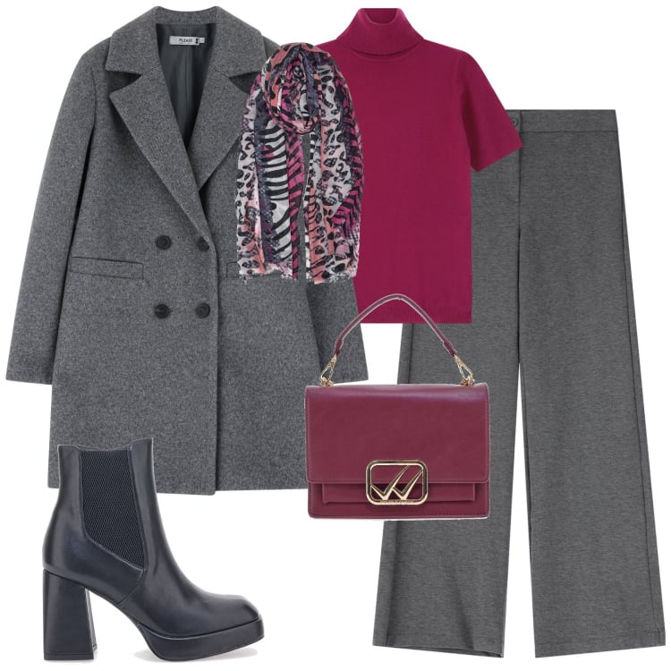 Outfit donna - City. Stile Trendy per Tutti i giorni. Abbinamento con cappotti, pantaloni, maglieria, stivaletti chelsea, borse a tracolla, foulard.