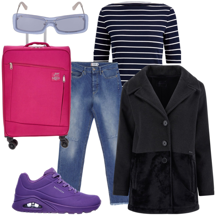 Outfit donna - San Valentino al mare. Stile Casual chic per Mare. Abbinamento con jeans dritti, cappotti, maglieria, sneakers, valigie, occhiali da sole.