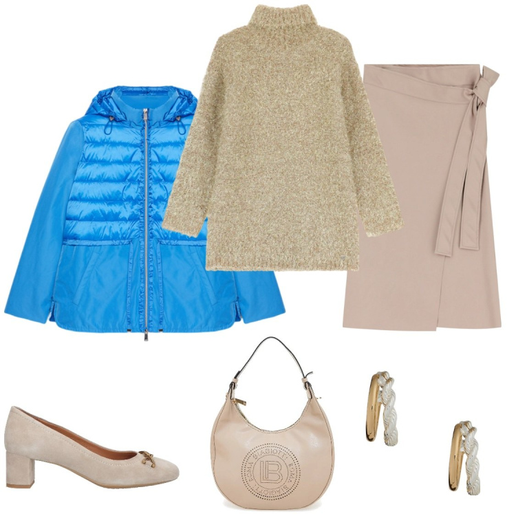 Outfit donna - Giacca celeste. Stile Casual chic per Tutti i giorni. Abbinamento con décolleté, maglieria, gonne, orecchini, borse a spalla, piumini.
