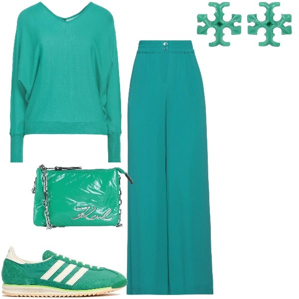 Outfit donna - Verde love. Stile Chic per Tutti i giorni. Abbinamento con pantaloni, pullovers, borse a mano, orecchini, sneakers.