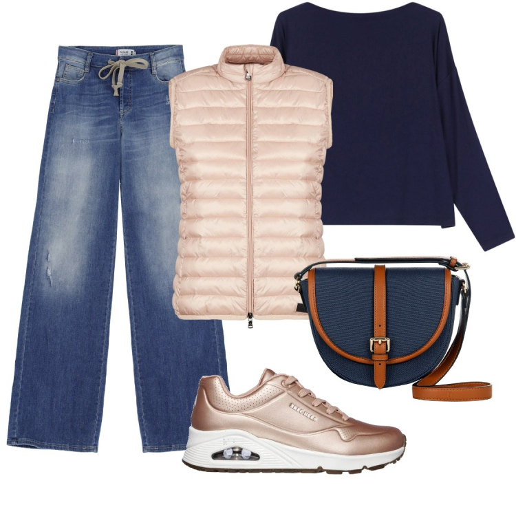 Outfit donna - Mattina al parco. Stile Casual per Tutti i giorni. Abbinamento con borse a tracolla, jeans a zampa, piumini, maglieria, sneakers.