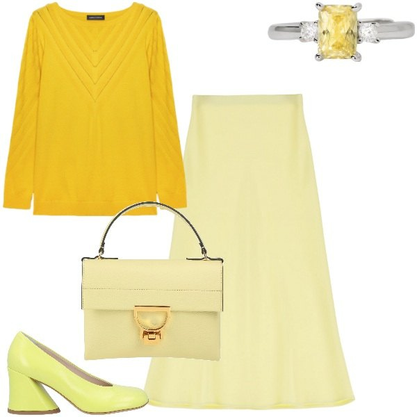 Outfit donna - Giallo limone. Stile Chic per Ufficio. Abbinamento con décolleté, borse a mano, anelli, gonne longuette, maglieria.