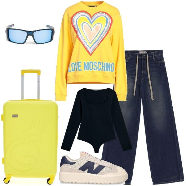 Outfit donna - In viaggio. Stile Urban per Tutti i giorni. Abbinamento con felpe, jeans, body, sneakers, occhiali da sole, valigie.