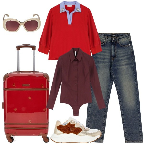 Outfit donna - In viaggio. Stile Urban per Tutti i giorni. Abbinamento con sneakers, body, jeans, felpe, occhiali da sole, valigie.