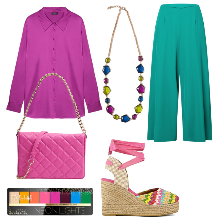 Outfit donna - Un\'esplosione di colori. Stile Trendy per Serata fuori. Abbinamento con ombretti, borse a tracolla, pantaloni a palazzo, camicie, sandali col tacco, collane.