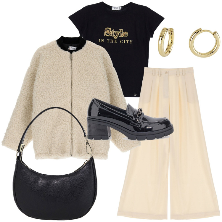 Outfit donna - Style in the city. Stile Casual per Scuola/Università. Abbinamento con orecchini, pantaloni, t-shirt, blazer, borse a spalla, mocassini.