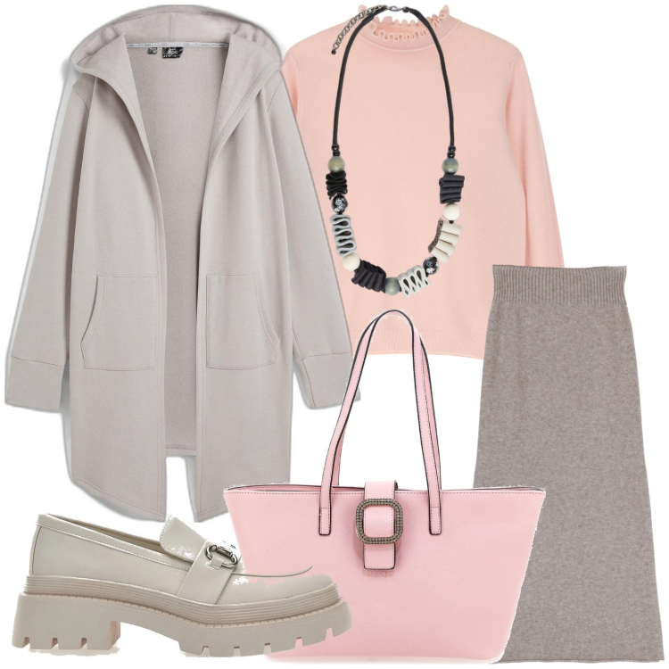 Outfit donna - Rosa pesca invernale. Stile Glamour per Ufficio. Abbinamento con blazer, gonne longuette, maglieria, mocassini, collane, borse a spalla.