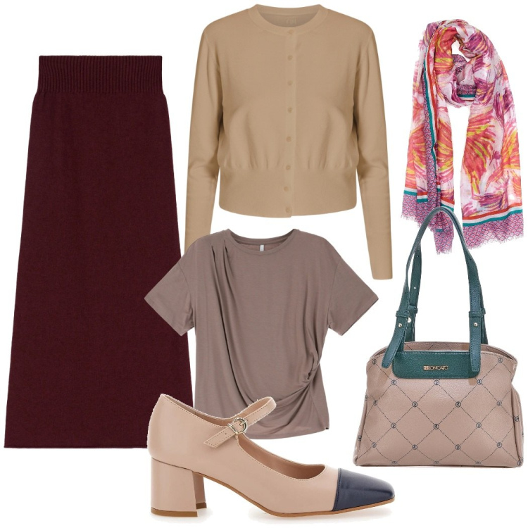 Outfit donna - Outfit ufficio. Stile Bon Ton per Ufficio. Abbinamento con cardigans, gonne longuette, t-shirt, décolleté, sciarpe, borse a spalla.