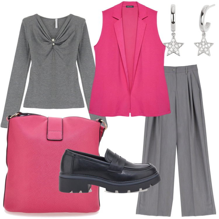 Outfit donna - Il tempo è rosa. Stile Casual chic per Ufficio. Abbinamento con orecchini, pantaloni, top, mocassini, gilet, borse a spalla.