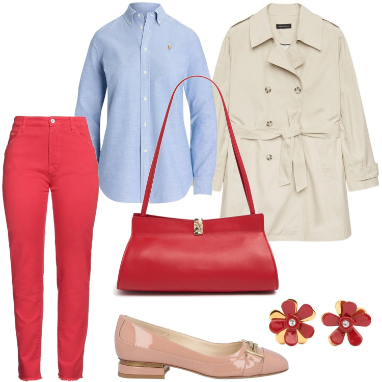 Outfit donna - Profumo di primavera. Stile Bon Ton per Ufficio. Abbinamento con pantaloni, ballerine, camicie, trench, orecchini, borse a spalla.