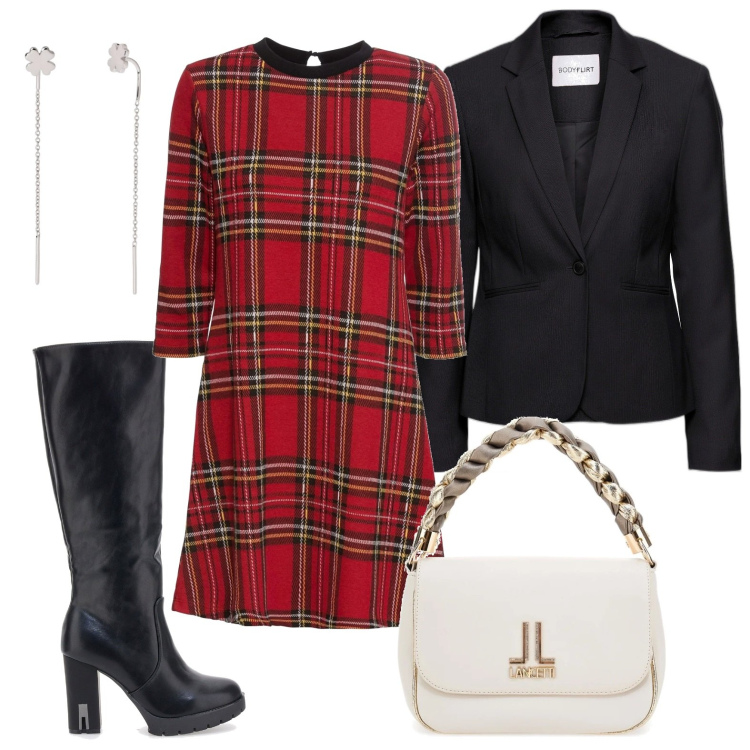Outfit donna - Scozzese con stivale. Stile Preppy per Scuola/Università. Abbinamento con blazer, vestiti corti, orecchini, stivali, borse a tracolla.
