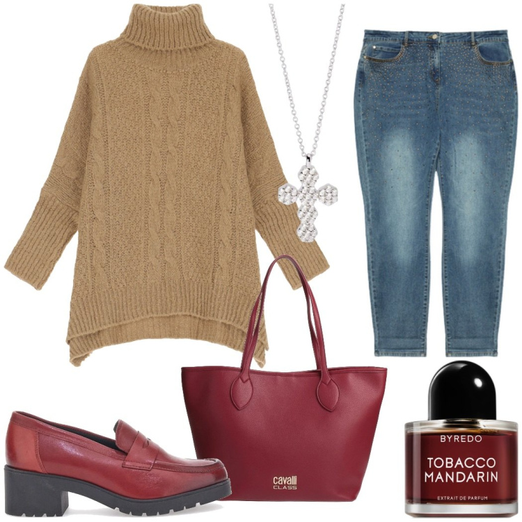 Outfit donna - Outfit ufficio. Stile Casual per Ufficio. Abbinamento con borse a spalla, profumi, ciondoli, maglieria, mocassini, jeans slim fit.