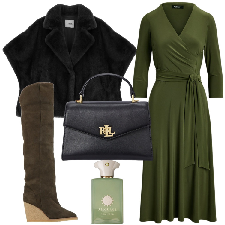 Outfit donna - Stivale scamosciato. Stile Chic per Ufficio. Abbinamento con stivali sopra il ginocchio, profumi, blazer, borse a mano, vestiti.