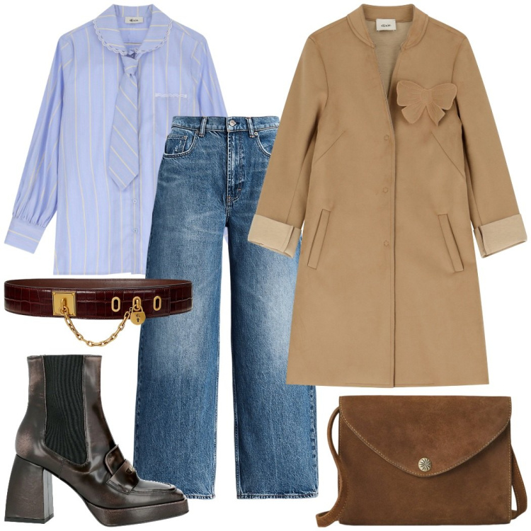 Outfit donna - Il cappotto con applicazioni. Stile Urban per Tutti i giorni. Abbinamento con stivaletti chelsea, cappotti, camicie, cinture, borse a tracolla, jeans.