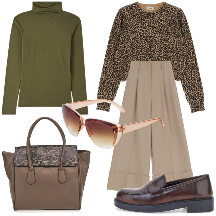 Outfit donna - La stampa maculata. Stile Casual chic per Tutti i giorni. Abbinamento con occhiali da sole, maglieria, pantaloni, cardigans, mocassini, borse a mano.