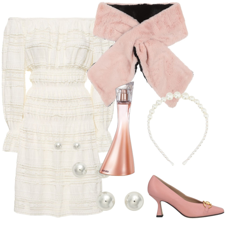 Outfit donna - Sposa bianca e rosa. Stile Bon Ton per Cerimonia. Abbinamento con sciarpe, décolleté, profumi, cerchietti, orecchini, vestiti midi/longuette.