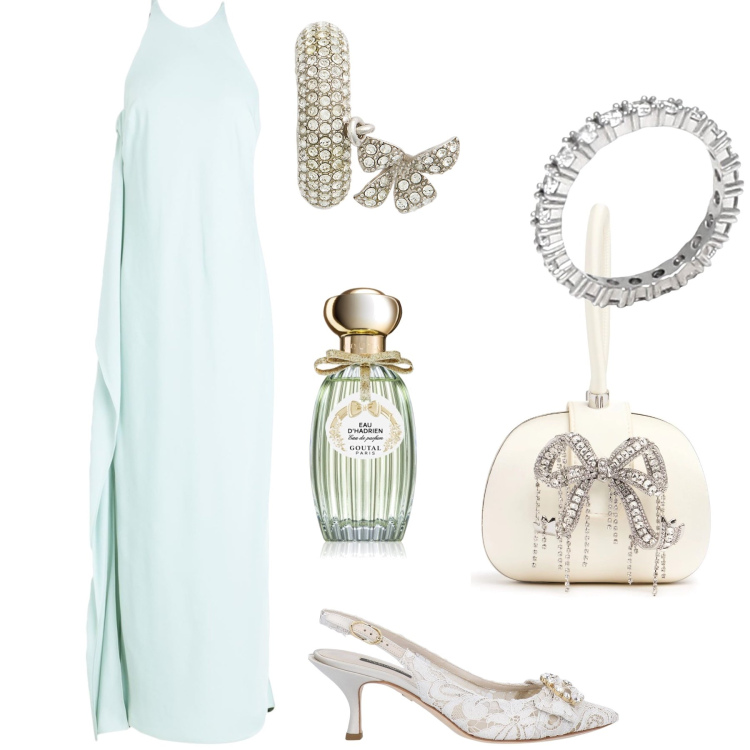 Outfit donna - Etereo San Valentino. Stile Chic per Serata fuori. Abbinamento con vestiti lunghi, anelli, décolleté, profumi, orecchini, pochette.