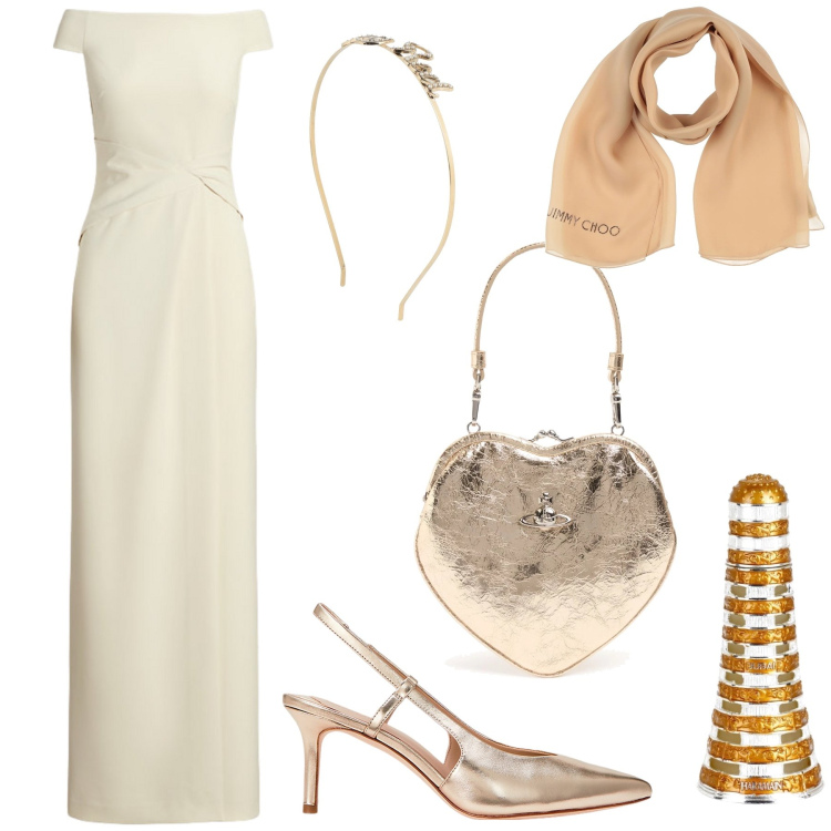 Outfit donna - Gold forever. Stile Chic per Serata fuori. Abbinamento con sciarpe, cerchietti, profumi, vestiti lunghi, décolleté, pochette.