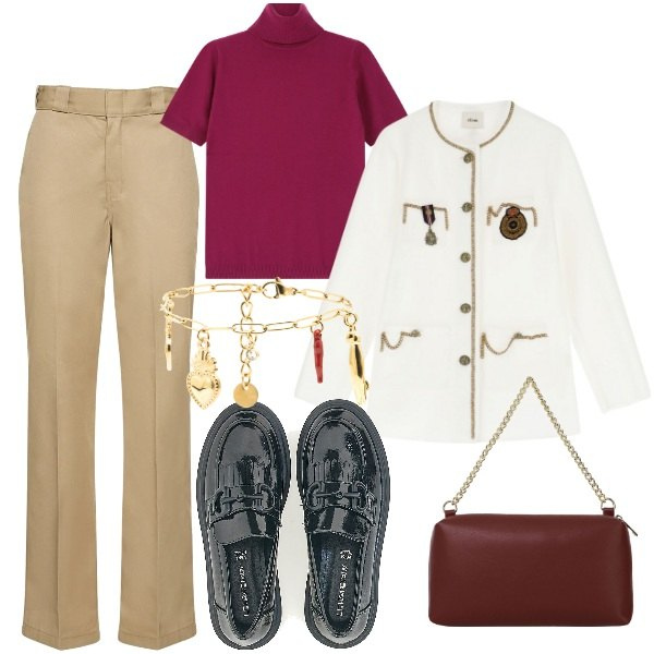 Outfit donna - Medaglie. Stile Casual chic per Tutti i giorni. Abbinamento con maglieria, braccialetti, blazer, borse a tracolla, mocassini, pantaloni.