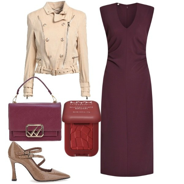 Outfit donna - Giubbino biker e tubino chic. Stile Chic per Serata fuori. Abbinamento con blazer, blush, vestiti midi/longuette, décolleté, borse a tracolla.